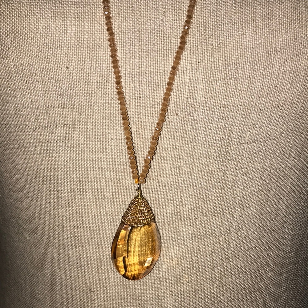Beaded long necklace citrine color